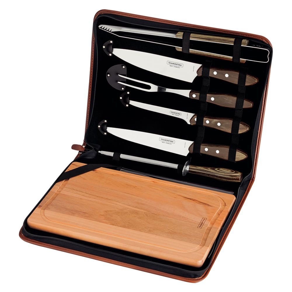 Kit Churrasco com Tábua 7 Peças Tramontina 21198965 com Estojo
